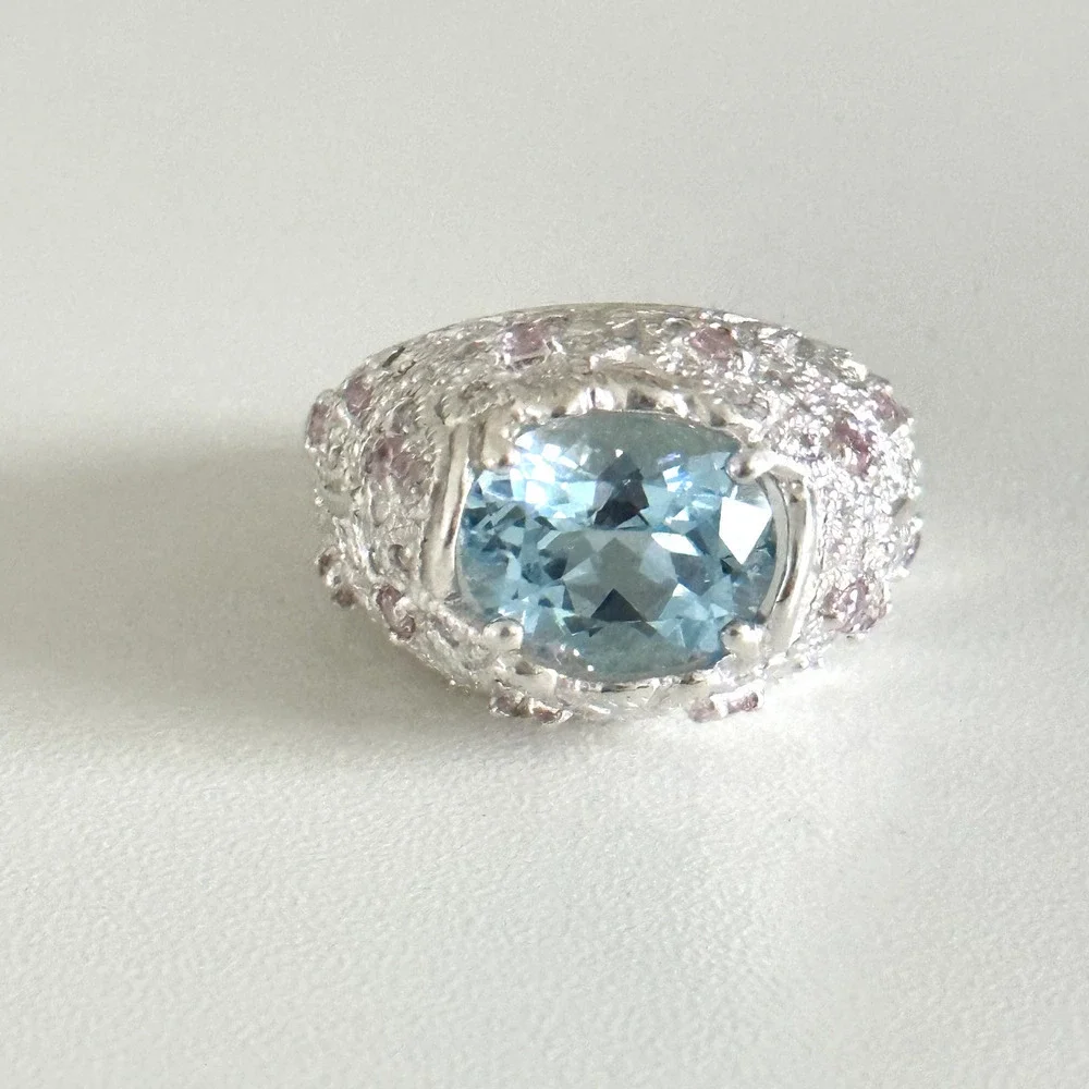 David Sigal 925 Sterling Silver Genuine Blue Topaz Pink CZ Statement Ring Size 9